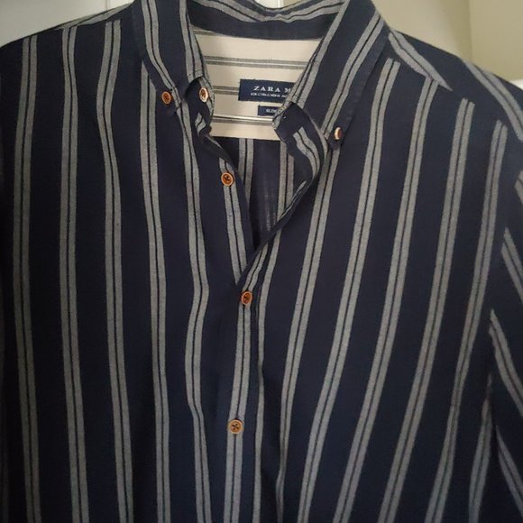 Zara Mens Size Large  Navy/White Striped 99%  Very Soft Cotton Slim fit… - Picture 5 of 8